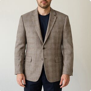 ENZO TOVARE Glen Plaid Blazer Mens 46R Beige 100% Linen 2-Button Sport Coat